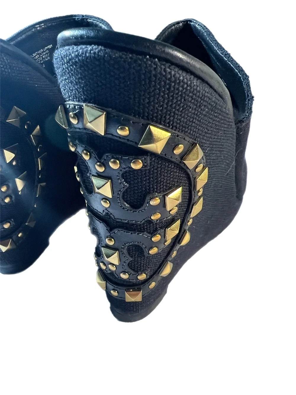 EUC Tory Burch Canvas Meredith Studded Peep-Toe Wedges  Black gold size 7